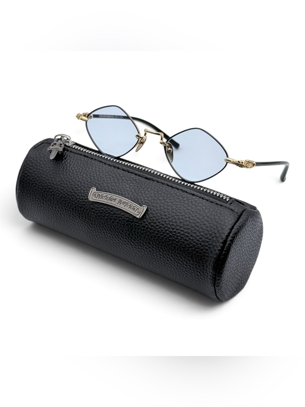 Chrome Hearts Black Pebbled Leather Cylindrical Glasses Case with Silver Logo